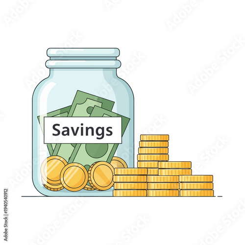 Jar of money and coins labeled 'Savings' with stacked gold coins