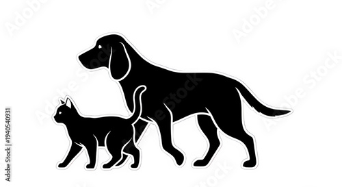 A dog and a cat standing side by side in white outline on a black background