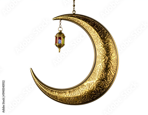 Ornate golden crescent moon with a decorative lantern hanging