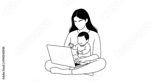 Mother working on laptop while holding baby in her lap.