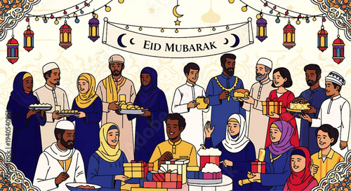 Happy Eid al-Fitr 2026 Celebration with Diverse People, Food, and Eid Mubarak Greetings in a Vibrant Cultural Scene