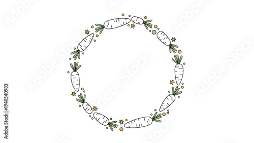Circular wreath frame composed of white carrots and stars on a plain background for organic food theme or easter holiday garden decoration.