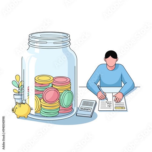 Man calculating budget with savings jar and coins, piggy bank illustration
