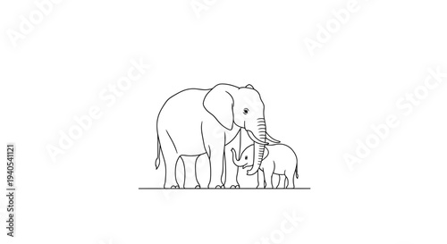 Simple line drawing of an adult elephant and a baby elephant.