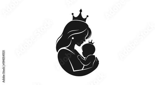Mother holding baby with crowns on their heads.