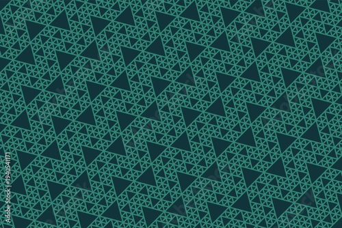 Green abstract fractal-inspired geometric background composed of repeating triangular structures and recursive line grids.