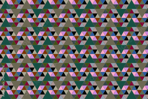 Colorful abstract geometric fractal pattern made from repeating triangular tiles arranged in a dense mosaic grid.