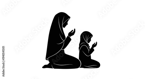 Mother and child praying together in Islamic tradition.