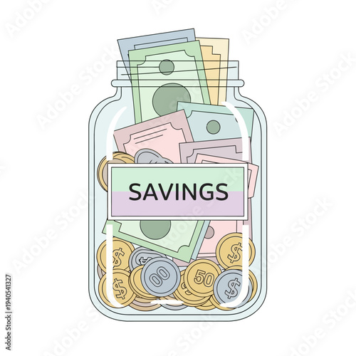 Money Jar Savings Concept - Illustration of Cash and Coins in a Glass Jar