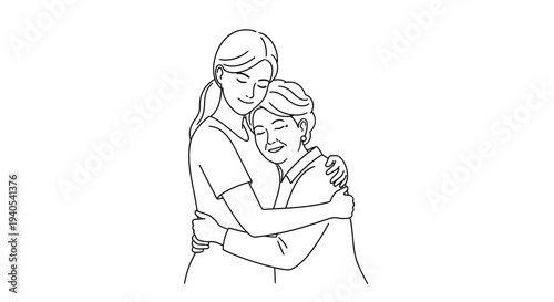 Mother and son embracing in a warm and loving hug.