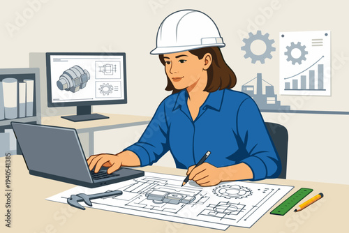 Dedicated female engineer in a hard hat focused on blueprint designs and 3D modeling, utilizing technology to innovate in construction and industrial engineering