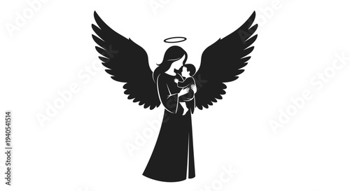 Angel holding a child in her arms with a halo above her head.