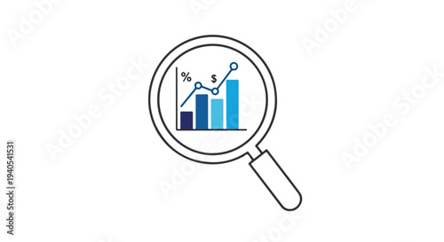 Magnifying Glass Icon Highlighting Bar Chart and Financial Growth Line Graph Isolated on White