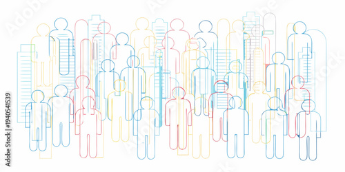Abstract representation of a crowd composed of colorful line art figures