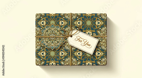 Eid Mubarak and Happy Eid al-Fitr 2026 Gift Box with Ornate Pattern and Tag