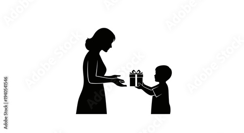 Silhouette of a woman and child exchanging a lunchbox.