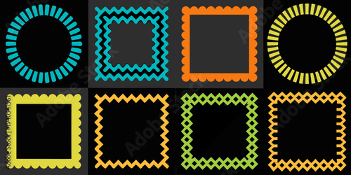Colorful patterned frames arranged in a three by three grid on black