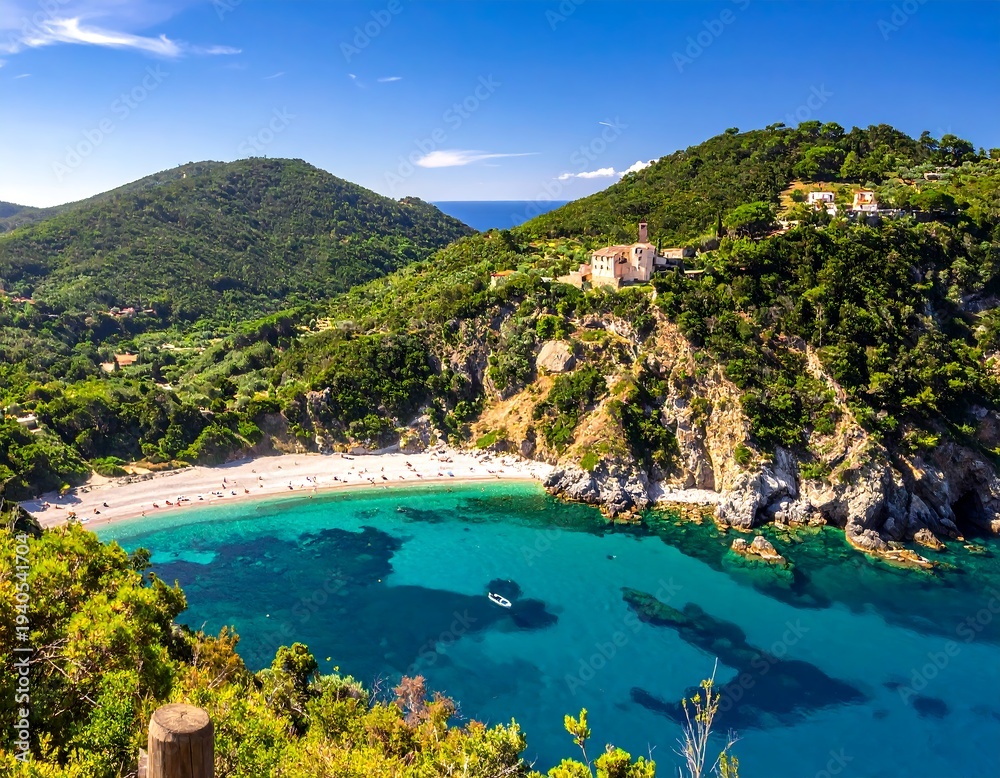 Fototapeta premium Scenic view of a beautiful beach nestled between lush, green hills under a bright sky