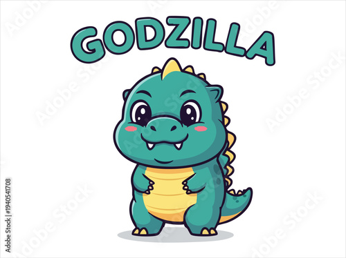 Cute chibi Godzilla cartoon character vector illustration isolated on a clean white background for kids design.