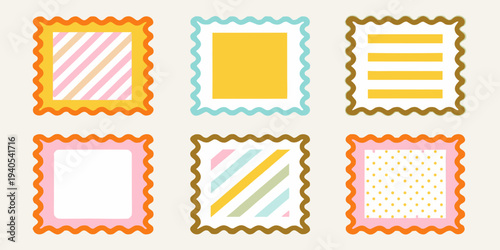 Colorful patterned postage stamps arranged in a grid formation