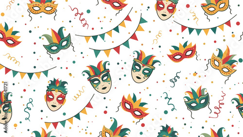 Festive carnival seamless pattern background with colorful masquerade masks flags confetti and streamers for party and holiday celebration.