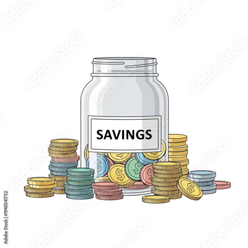 Money Saving Jar Filled with Coins, Stacked Coins Around a Savings Jar