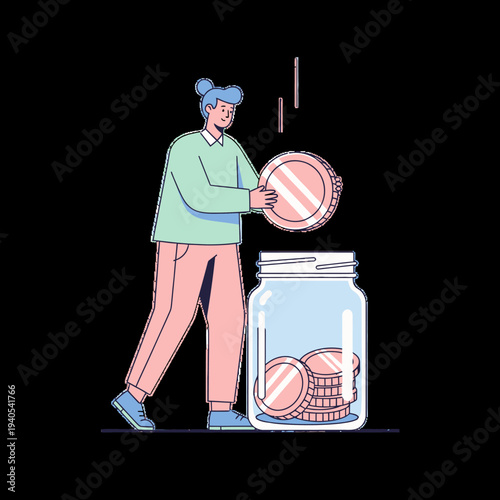 Person Saving Coins in Jar, Financial Growth Concept, Personal Finance Illustration