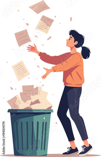 uomo o donna che buttano carta o oggetti nel cestino e il vento porta via tutto vettoriale