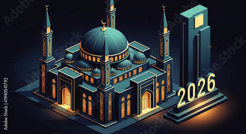 Eid Mubarak and Happy Eid al-Fitr 2026 celebration with mosque silhouette in synthwave style vector art