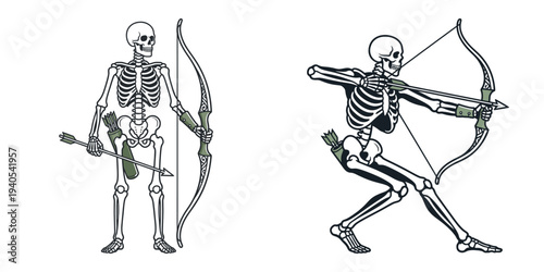 Skeleton Archer Vector Set - Undead Bone Warrior Shooting and Standing with Recurve Bow - Fantasy RPG Monster Clip Art for Gaming and T-Shirts
