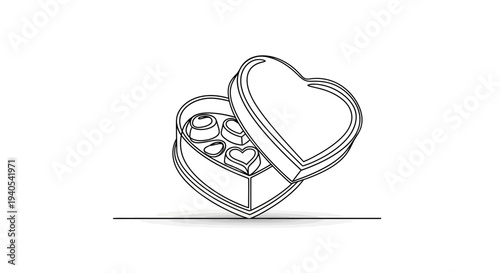Heart shaped box of chocolates line art illustration.