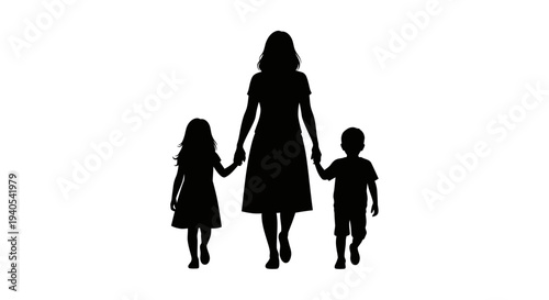 Silhouette of mother holding hands with two children.