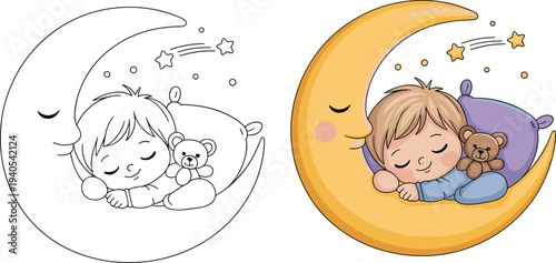 A child sleeping with a teddy bear in a crescent moon bed with stars and shooting stars in the background