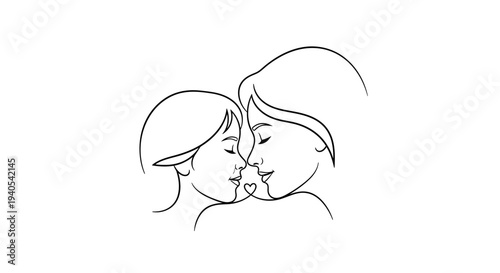 Continuous line drawing of two women kissing each other tenderly.