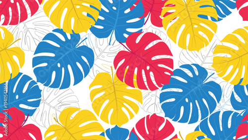 Vibrant seamless pattern with colorful blue red and yellow monstera deliciosa tropical leaves for summer textile and wallpaper design.