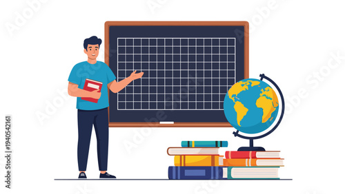 Young male teacher standing by blackboard with school books and globe as concepts for geography lesson and education.