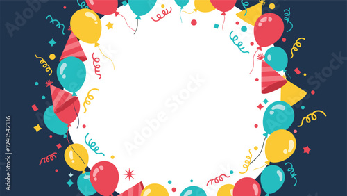 Festive circular frame with colorful balloons and confetti on dark blue background for birthday party invitation and celebration.