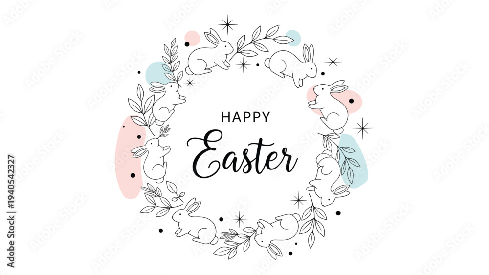 Obraz premium Decorative Easter wreath with hand drawn bunny outlines and leaves around festive text for seasonal greeting card design.