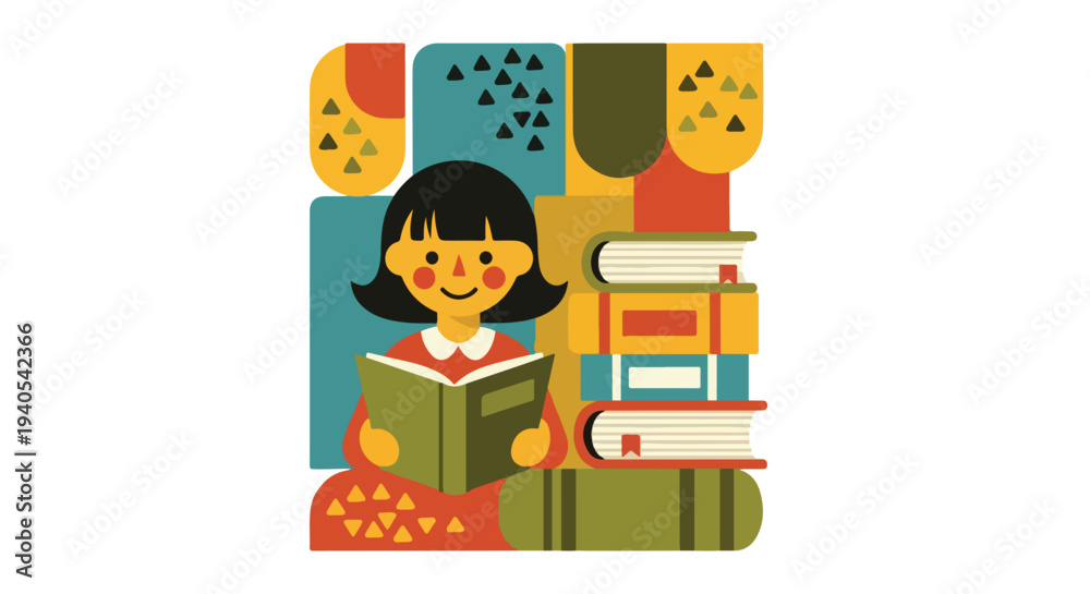 Fototapeta premium Joyful young girl engrossed in reading a book, surrounded by stacks of colorful books in a vibrant, stylized illustration.