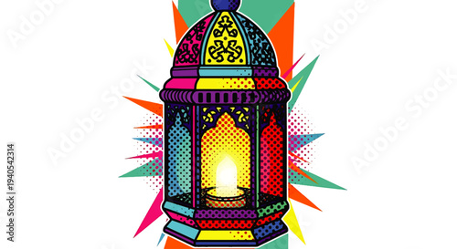 Vibrant Eid Mubarak lantern illustration for Happy Eid al-Fitr 2026 celebration with colorful rays