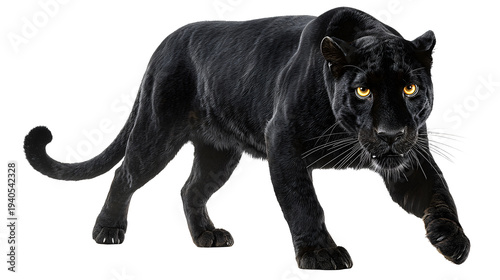 Ultra realistic HD black panther sleek fur and golden eyes, isolated on white background