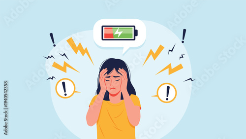 Exhausted woman holding her head with low battery and exclamation mark bubbles representing burnout and mental fatigue.