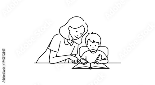 Mother and child reading together at the table.