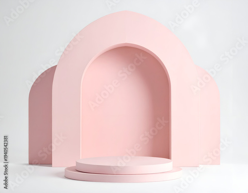 Minimalist pastel pink arched display pedestal, studio shot