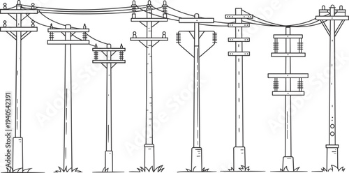 Black and white line of various electrical transmission poles and insulators electrical poles transmission lines