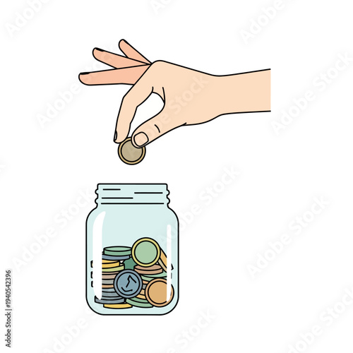 Hand dropping coin into glass jar, saving money concept, illustration