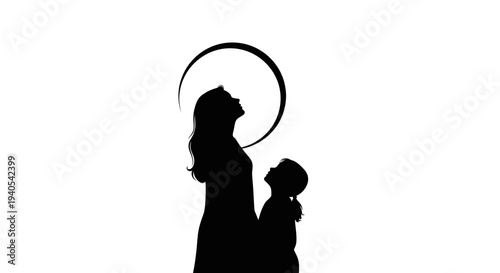 Silhouette of a mother and child standing together under a crescent moon.