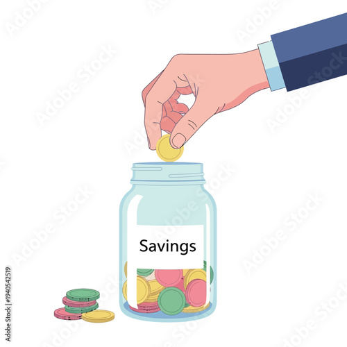 Hand dropping coin into savings jar with colorful coins, financial concept