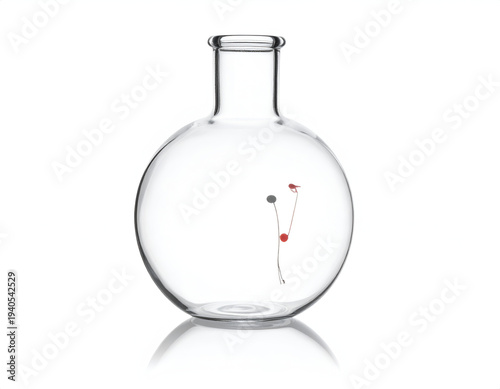 Clear flask holds delicate, abstract red and gray botanical elements