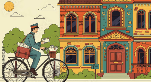Celebrating Eid Mubarak and Happy Eid al-Fitr 2026 with a postman riding a bicycle in front of a colorful mosque